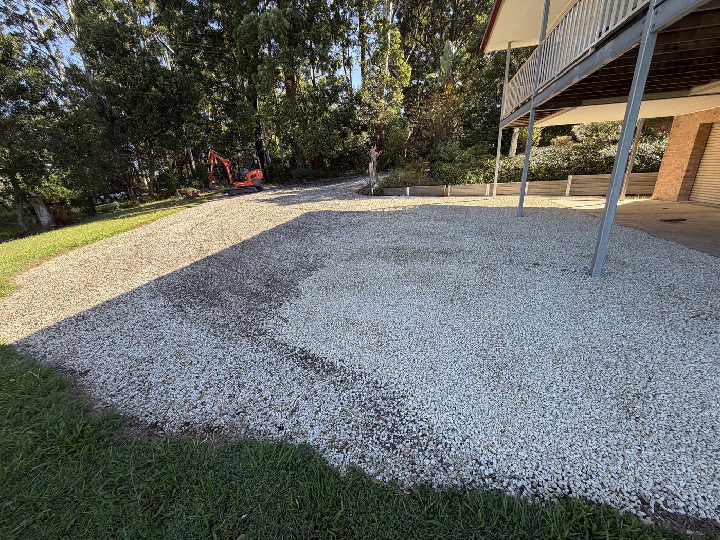 Finished white gravel driveway and parking area under a high-set house, Tuckers Rock Rd Bellingen
